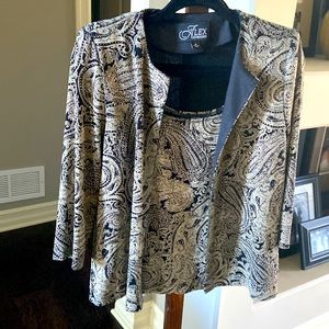 Alex Evenings 2 piece shell with jacket in paisley tan/ black with sparkles.